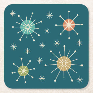 Mid Century Modern Atomic Starburst Pattern Square Paper Coaster