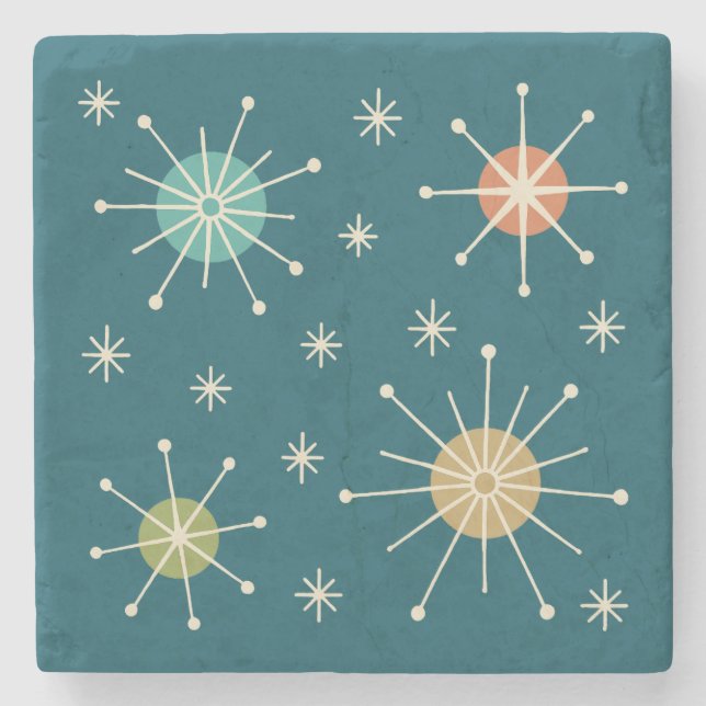 Mid Century Modern Atomic Starburst Pattern Stone Coaster (Front)