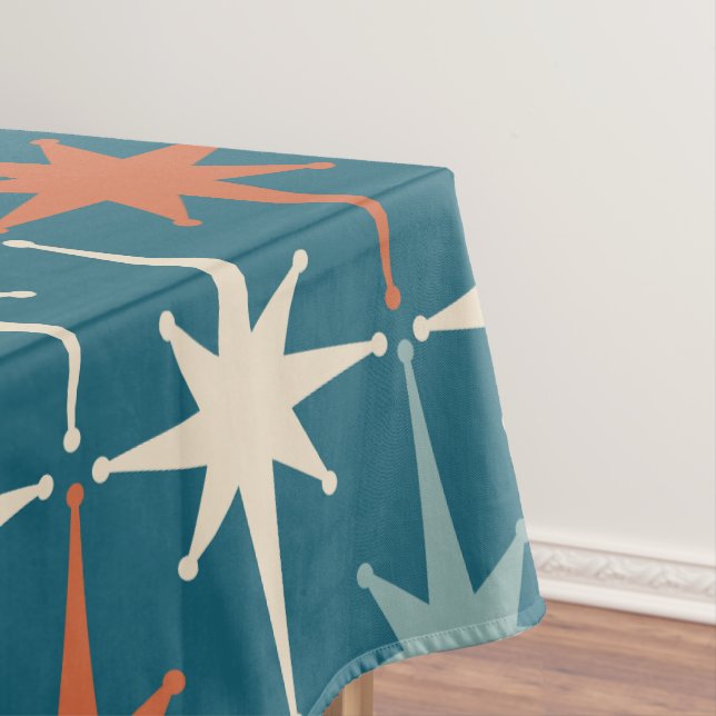 Mid Century Modern Atomic Starburst Pattern Teal Tablecloth (In Situ)