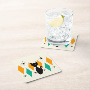 Mid Century Modern Atomic Starbursts Diamonds Cat Square Paper Coaster