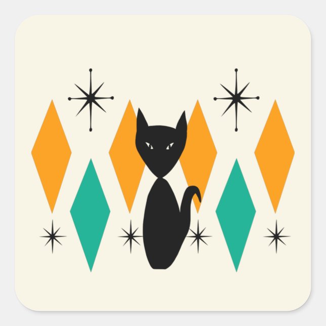 Mid Century Modern Atomic Starbursts Diamonds Cat Square Sticker (Front)