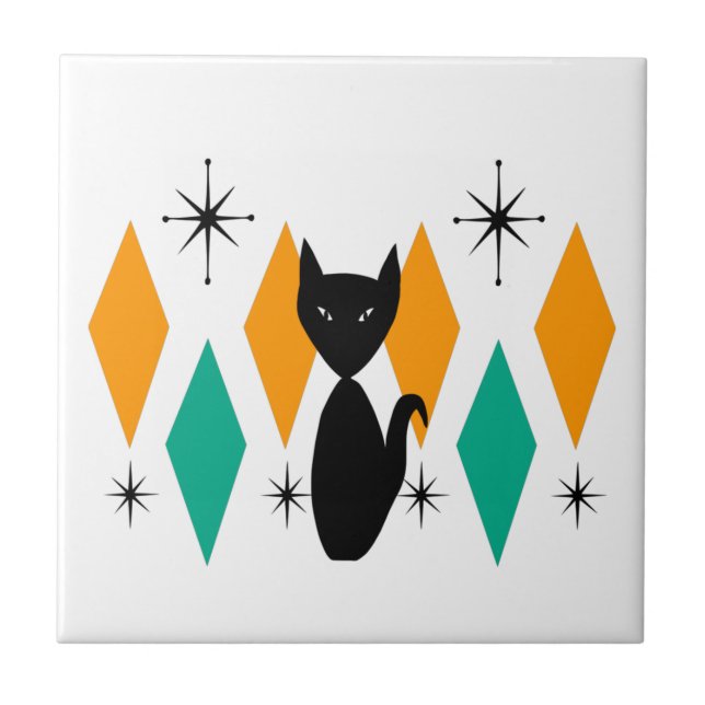 Mid Century Modern Atomic Starbursts Diamonds Cat Tile (Front)
