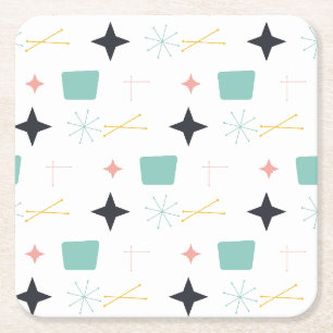 Mid Century Modern Atomic Stars Square Paper Coaster
