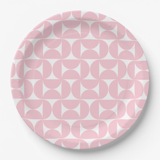 Mid Century Modern Baby Pink And White Pattern Paper Plate (Front)