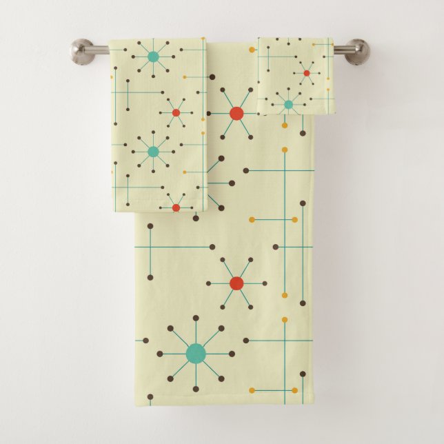 Mid-Century Modern Bath Towel, Starburst Pattern Bath Towel Set (Insitu)