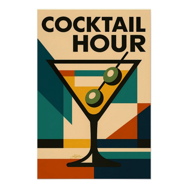 Mid Century Modern Bauhaus Cocktail Hour Martini Poster (Front)