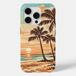 mid century modern beach Hawaii sunset palm trees iPhone 15 Pro Case