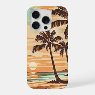 mid century modern beach Hawaii sunset palm trees iPhone 15 Pro Case