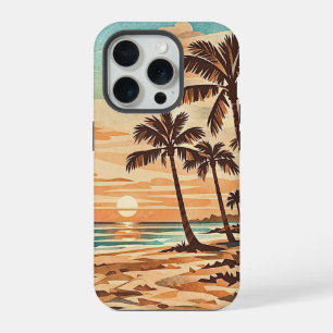 mid century modern beach Hawaii sunset palm trees iPhone 15 Pro Case