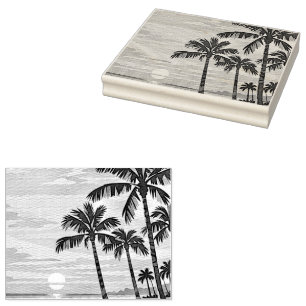 mid century modern beach Hawaii sunset palm trees Rubber Stamp