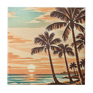 mid century modern beach Hawaii sunset palm trees Tile