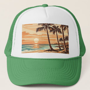 mid century modern beach Hawaii sunset palm trees  Trucker Hat