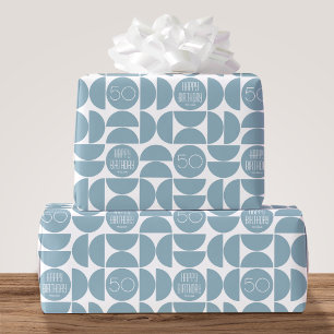 Mid-Century Modern Birthday Retro 50th Blue Wrapping Paper