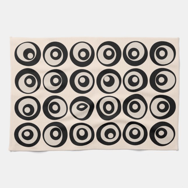 Mid Century Modern Black And Cream Circles Pattern Kitchen Towel (Horizontal)