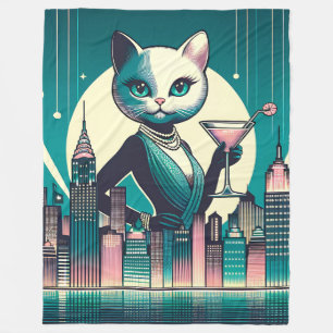 “Mid-Century Modern Black and White Cat” Fleece Blanket