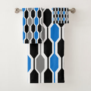 Mid-Century Modern Black, Blue, Grey Hexagons Bath Towel Set