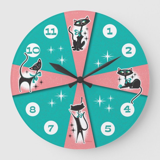 Mid-Century Modern Black Cats Wall Clock  (Front)