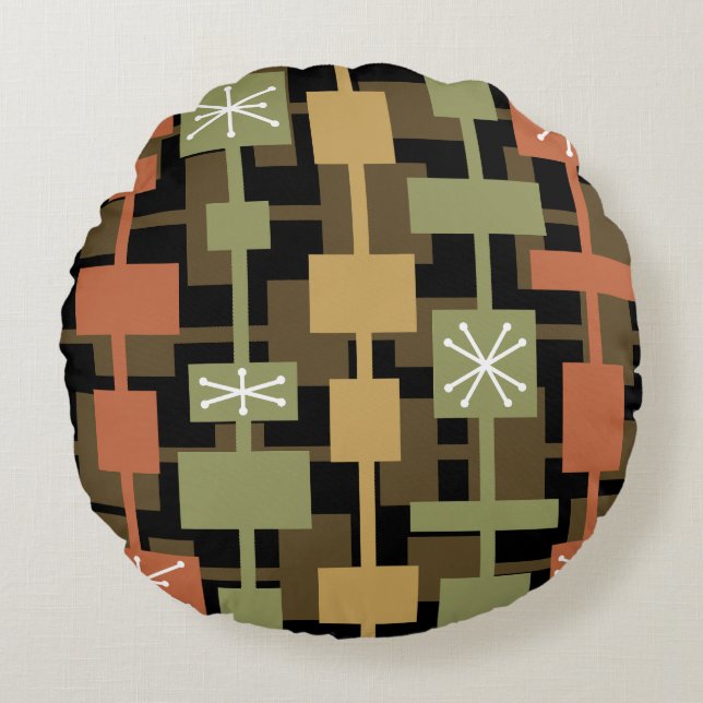 Mid Century Modern Black Multicolored Round Pillow (Front)