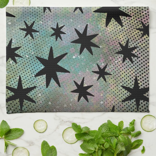 Mid Century Modern Black Stars  Kitchen Towel (Folded)