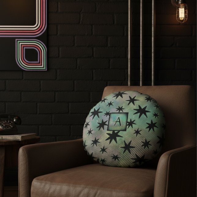 Mid Century Modern Black Stars Monogram Round Pillow (Creator Uploaded)