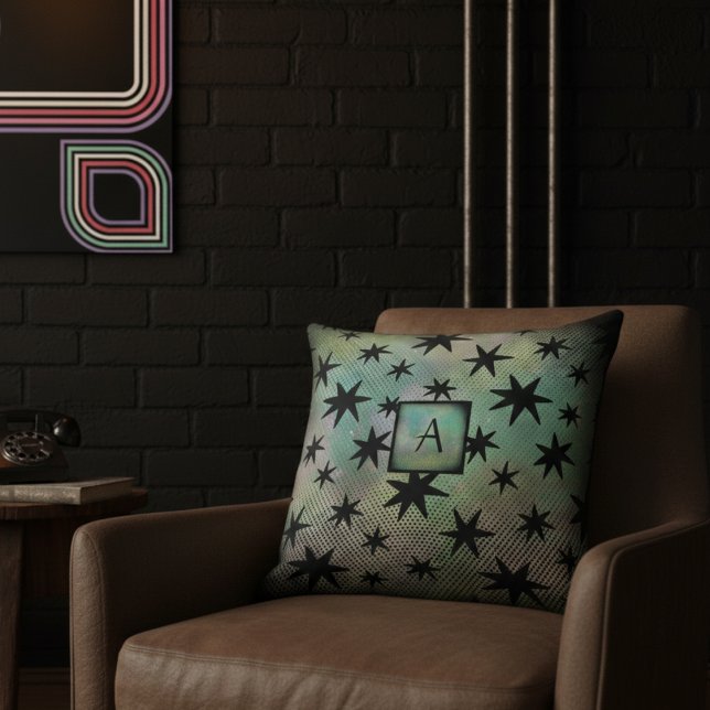 Mid Century Modern Black Stars Monogram Throw Pillow (Creator Uploaded)