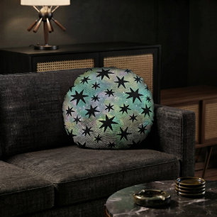 Mid Century Modern Black Stars Round Pillow