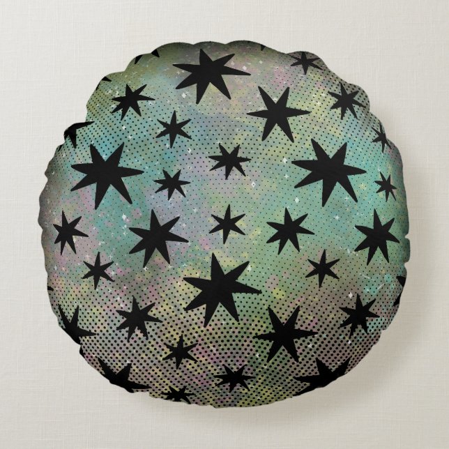 Mid Century Modern Black Stars Round Pillow (Front)