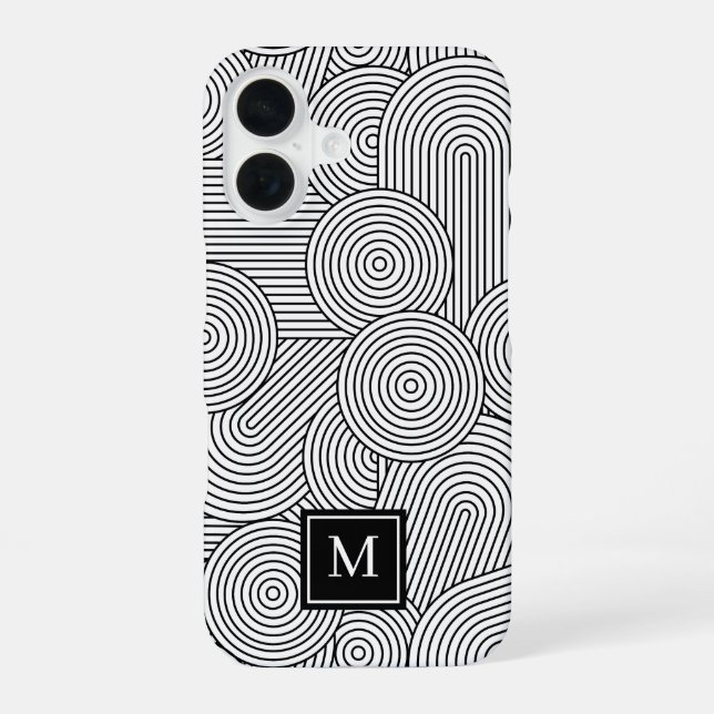 Mid Century Modern Black White Monogrammed Initial iPhone 16 Case (Back)