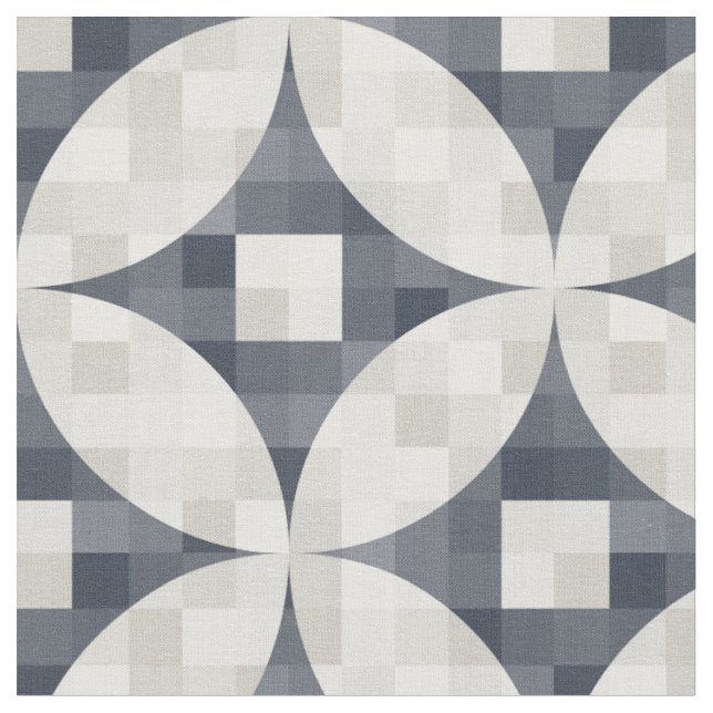 Mid-century modern blue grey & beige check fabric (Close Up)