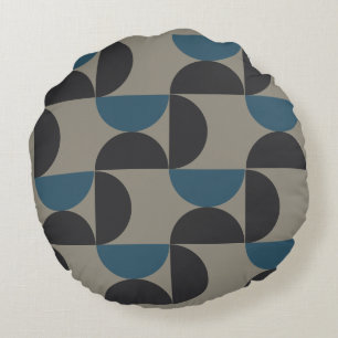 Mid-Century Modern Blue Grey Gunmetal Round Pillow
