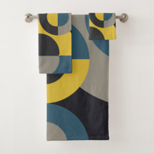 Mid-Century Modern Blue yellow Gunmetal Bath Towel Set