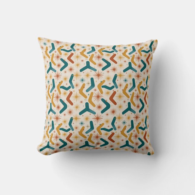 Mid-Century Modern Boomerang & Starburst Retro Throw Pillow (Front)