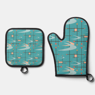 Mid Century Modern Boomerangs on Turquoise Oven Mitt & Pot Holder Set