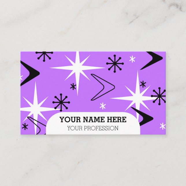 Mid Century Modern Boomerangs Purple Business Card (Front)