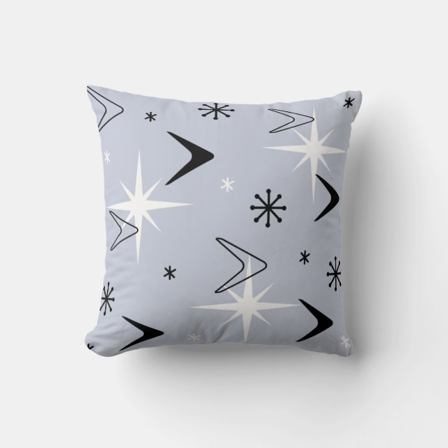Mid Century Modern Boomerangs Silver Blue Throw Pillow (Front)