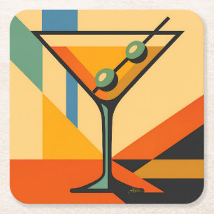 Mid Century Modern Bright Bauhaus Martini Square Paper Coaster