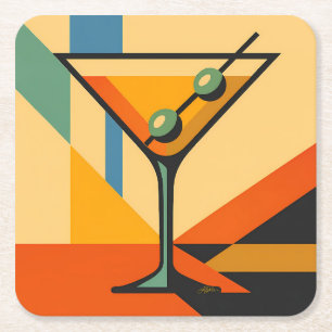 Mid Century Modern Bright Bauhaus Martini Square Paper Coaster