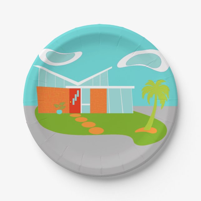 Mid Century Modern Cartoon House Paper Plates (Front)