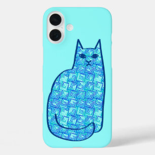 Mid-Century Modern Cat, Aqua and Navy Blue iPhone 16 Plus Case