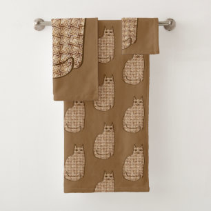 Mid-Century Modern Cat, Beige and Light Brown Bath Towel Set