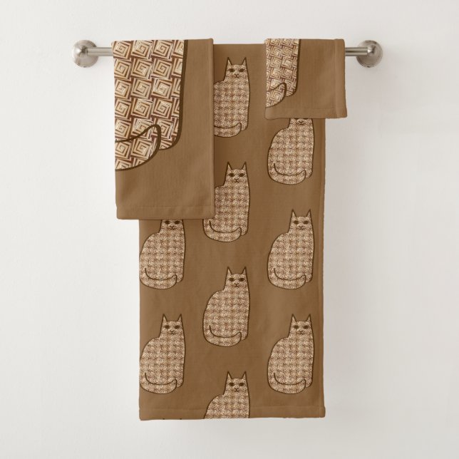 Mid-Century Modern Cat, Beige and Light Brown Bath Towel Set (Insitu)
