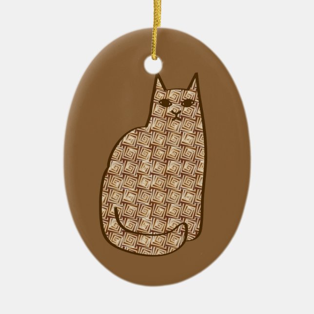 Mid-Century Modern Cat, Beige and Light Brown   Ceramic Ornament (Front)