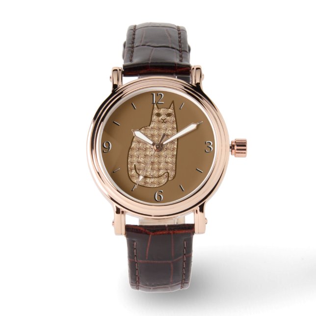 Mid-Century Modern Cat, Beige and Light Brown Watch (Front)