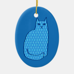 Mid-Century Modern Cat, Cobalt and Light Blue    Ceramic Ornament