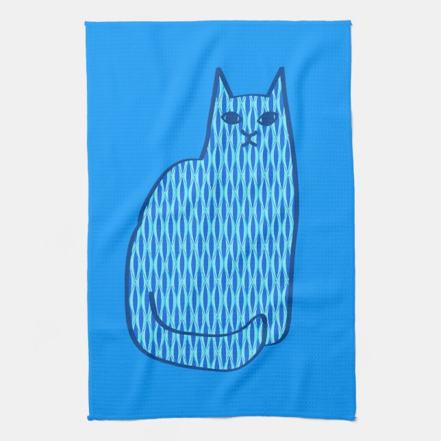 Mid-Century Modern Cat, Cobalt and Light Blue Kitchen Towel (Vertical)