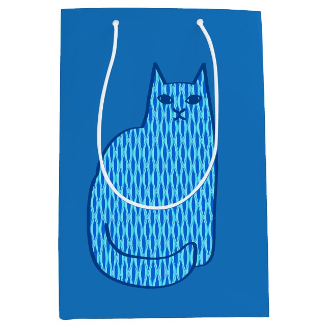 Mid-Century Modern Cat, Cobalt and Light Blue Medium Gift Bag (Front)
