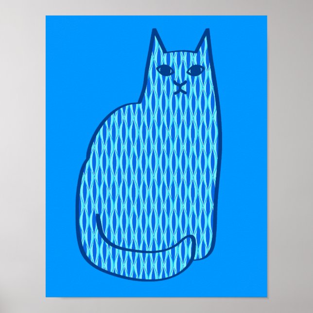 Mid-Century Modern Cat, Cobalt and Light Blue Poster (Front)