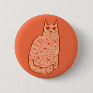 Mid-Century Modern Cat, Coral Orange and White 2 Inch Round Button