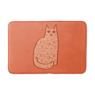 Mid-Century Modern Cat, Coral Orange and White  Bath Mat