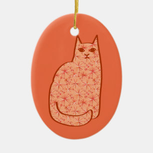 Mid-Century Modern Cat, Coral Orange and White  Ceramic Ornament